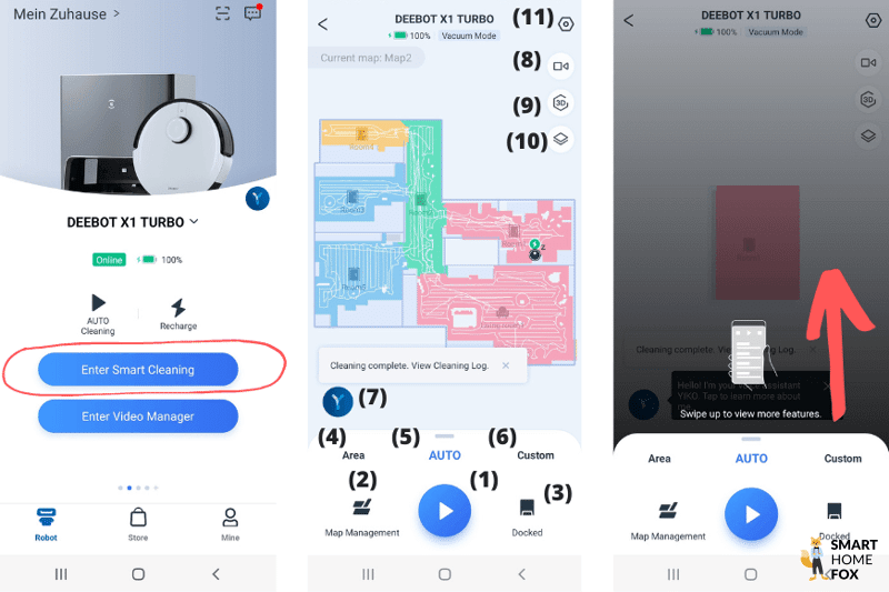 Der Startbildschirm der Ecovacs Deebot X1 Turbo App ist zu sehen